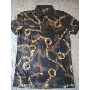 Pavini Polo Shirt Men's Small Black Gold Chain Stripe Graphic Short Sleeve Top